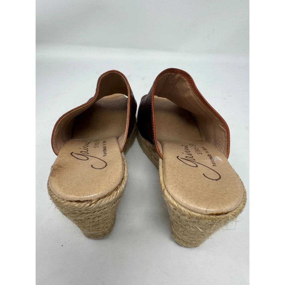 Gaimo Spain Brown Leather Espadrille Wedge Sandals Peep Toe Mules Women 38
